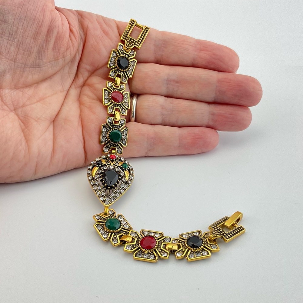 Baroque, Multicolor Gemstone Link Bracelet, Marked 925,  Faux Stones, Plated - Picture 4 of 8